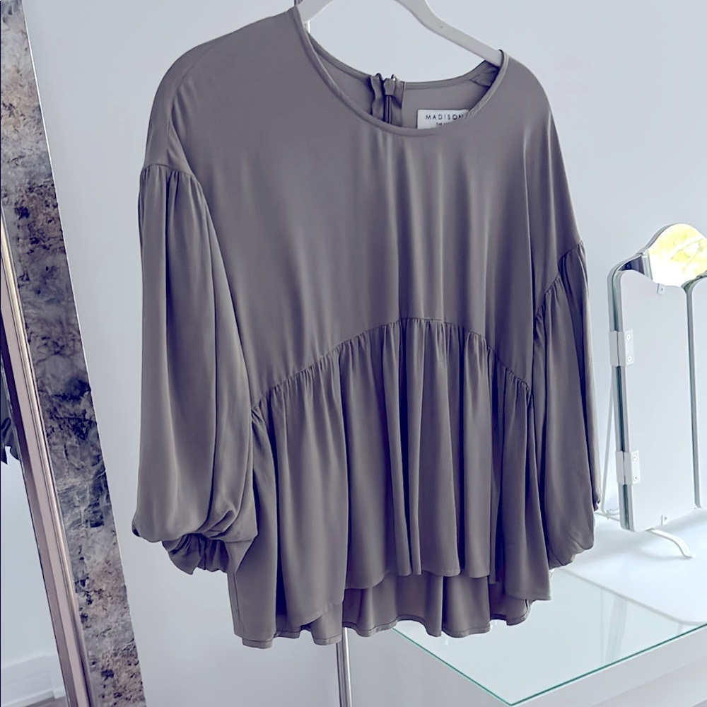 Olive green tiered blouse with balloon sleeves